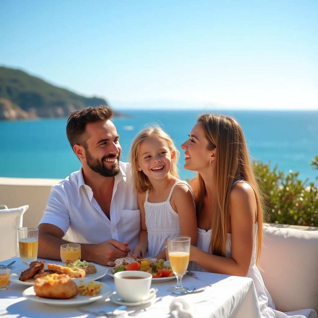 Famille française heureuse terrasse hôtel